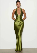 Women V‑Neck Ruched Halter Neck Formal Party Mermaid Evening Gown