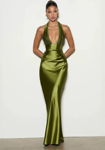 Women V‑Neck Ruched Halter Neck Formal Party Mermaid Evening Gown