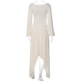 Women Autumn Casual Long Sleeve Tie‑Detail Top and Irregular Skirt Two‑Piece Set