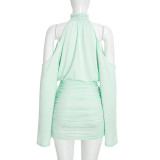 Women Autumn High Neck Off‑Shoulder Long Sleeve Ruched Bodycon Dress