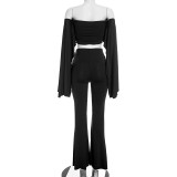 Women Autumn Off‑Shoulder Ruffle Trim Crop Top and Bell Bottom Pants Two‑Piece Set