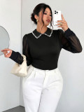 Plus Size Women Pearl Collar Patchwork Mesh Puff Sleeve Blouse Top
