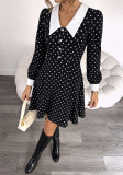 Women Autumn French Elegant Turndown Collar Polka Dot Dress