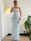 Women Sexy Printed Strapless Backless Mermaid Dress