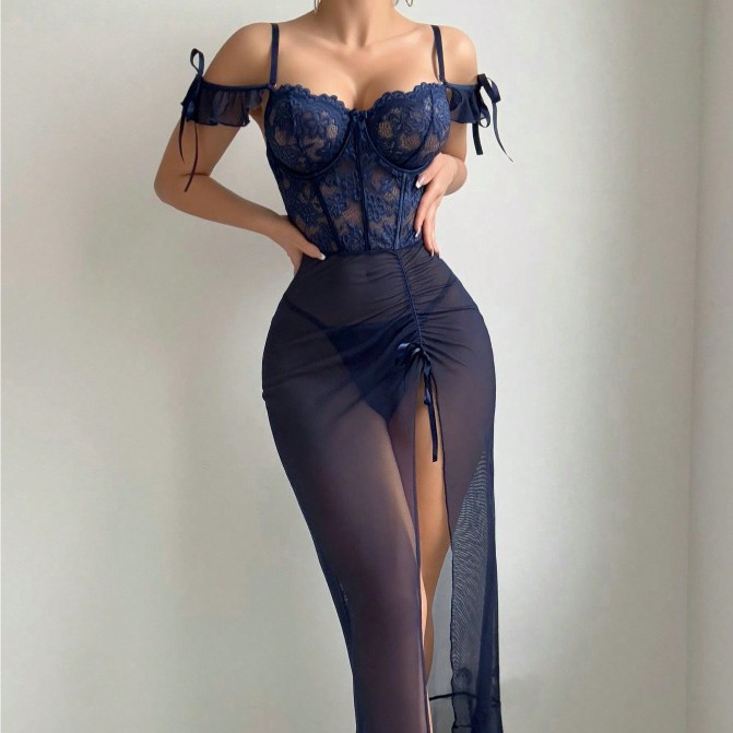 Slit See-Through Lace Bodycon Maxi Dress Lingerie Two-Piece Set