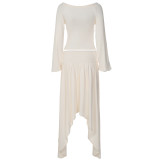 Women Autumn Casual Long Sleeve Tie‑Detail Top and Irregular Skirt Two‑Piece Set