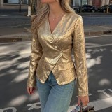 Women Irregular V‑Neck Long Sleeve Blazer