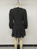 Women Autumn French Elegant Turndown Collar Polka Dot Dress