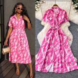 Women Summer V‑Neck French‑Style Printed Short Sleeve Maxi Dress
