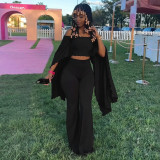 Women Autumn Off‑Shoulder Ruffle Trim Crop Top and Bell Bottom Pants Two‑Piece Set
