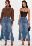 Women Summer Raw‑Edge Ripped Mermaid Denim Skirt