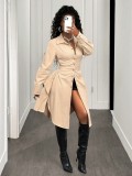 Women Autumn Turndown Collar Lace‑Up Long Sleeve Shirt Dress