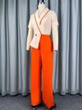 Women Autumn Turndown Collar Patchwork Color Block Jumpsuit