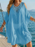 Women’s Plus Size Crocheted Patchwork Sexy Low Back Lace-Up Loose Beach Cover-Up Dress