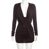 Fall Winter Women’s Casual Solid Color Deep V Neck Long Sleeve Ruched Slim Fit Mini Dress