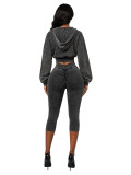 Women’s Fashion Washed Hooded Ribbed Top with Cropped Pants Set