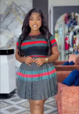 Summer Women’s Round Neck Color Block Stripe T-Shirt with Pleated Skirt Loose Set