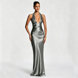 Women V‑Neck Ruched Halter Neck Formal Party Mermaid Evening Gown