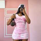 Women’s Pink Print Strap Slim Fit Sleeveless Tight Fitting Bodycon Tank Dress