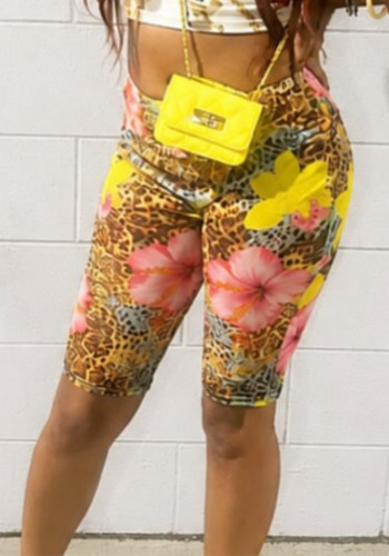 Summer Women’s Sexy Print Leopard Floral Patchwork Tight Fitting Mid-Length Biker Shorts