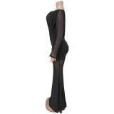 Women’s Off Shoulder Ruched Mesh Long Sleeve Formal Party Bodycon Dress