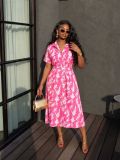 Women Summer V‑Neck French‑Style Printed Short Sleeve Maxi Dress
