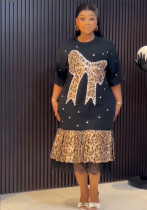 Summer Women’s Round Neck Hooded Color Block Lace Leopard Print Bow Embroidery Rhinestone Dress