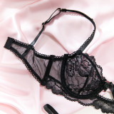 Women’s Black Lace Lingerie Set with See-Through Push-Up Bra and Adjustable Thong