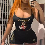 Women Summer Print Suspender Top and Shorts Two-piece Set