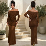 Women’s Off Shoulder Ruched Mesh Long Sleeve Formal Party Bodycon Dress