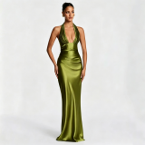 Women V‑Neck Ruched Halter Neck Formal Party Mermaid Evening Gown