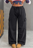 Women’s Loose Casual Multi-Pocket Straight Leg Drawstring Black Cargo Denim Wide Leg Pants