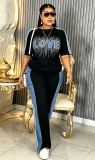 Women’s Plus Size Beaded Love Short Sleeve Color Block Striped Patchwork Denim Casual Pants Set