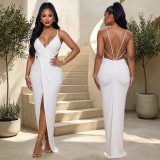 Women’s Sexy Strap V Neck Cross Cutout Slit Formal Party Bodycon Dress