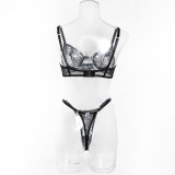 Women’s Black Lace Lingerie Set with See-Through Push-Up Bra and Adjustable Thong
