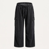Women’s Loose Casual Multi-Pocket Straight Leg Drawstring Black Cargo Denim Wide Leg Pants