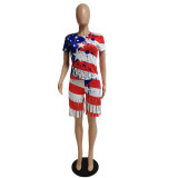 Women’s American Style Flag Print Short Sleeve Top and Tassel Shorts Set