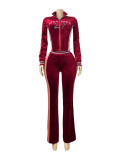 Women’s Fashion Embroidered Velvet Stand Collar Top with Color Block Patchwork Bell Bottom Pants Set