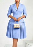 Summer Women’s Chic Elegant Solid Color Pleated Plus Size Turndown Collar Dress