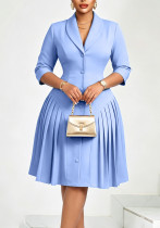 Summer Women’s Chic Elegant Solid Color Pleated Plus Size Turndown Collar Dress