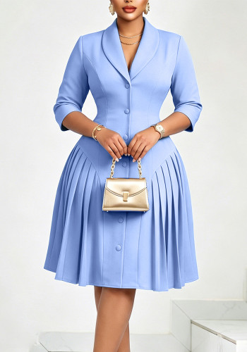 Summer Women’s Chic Elegant Solid Color Pleated Plus Size Turndown Collar Dress