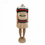 Summer Women’s Round Neck Color Block Stripe T-Shirt with Pleated Skirt Loose Set