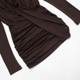 Fall Winter Women’s Casual Solid Color Deep V Neck Long Sleeve Ruched Slim Fit Mini Dress