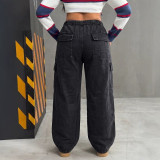 Women’s Loose Casual Multi-Pocket Straight Leg Drawstring Black Cargo Denim Wide Leg Pants