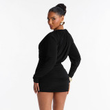 Fall Winter Women’s Casual Solid Color Deep V Neck Long Sleeve Ruched Slim Fit Mini Dress