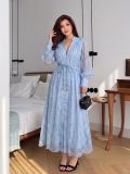 Women French V‑Neck Lace Embroidery Long Sleeve Summer Maxi Dress