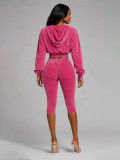 Women’s Fashion Washed Hooded Ribbed Top with Cropped Pants Set
