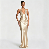 Women V‑Neck Ruched Halter Neck Formal Party Mermaid Evening Gown