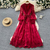 Women French V‑Neck Lace Embroidery Long Sleeve Summer Maxi Dress