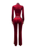 Women’s Fashion Embroidered Velvet Stand Collar Top with Color Block Patchwork Bell Bottom Pants Set